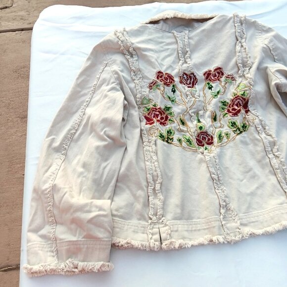 J Marco Embroidered Denim Jacket Frayed Stretch Beige Tan Shabby Chic Rose Large - Picture 5 of 7